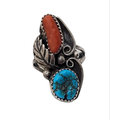 Rose Anne Begay Navajo Sterling Silver Turquoise Coral Feather Design Ring Size 6.75