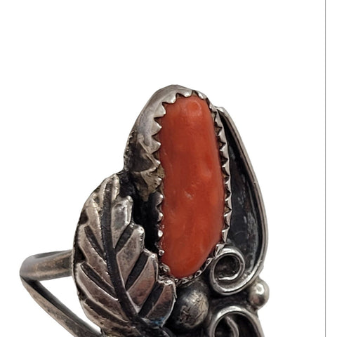 Rose Anne Begay Navajo Sterling Silver Turquoise Coral Feather Design Ring Size 6.75