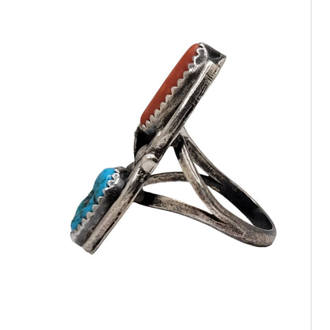 Rose Anne Begay Navajo Sterling Silver Turquoise Coral Feather Design Ring Size 6.75