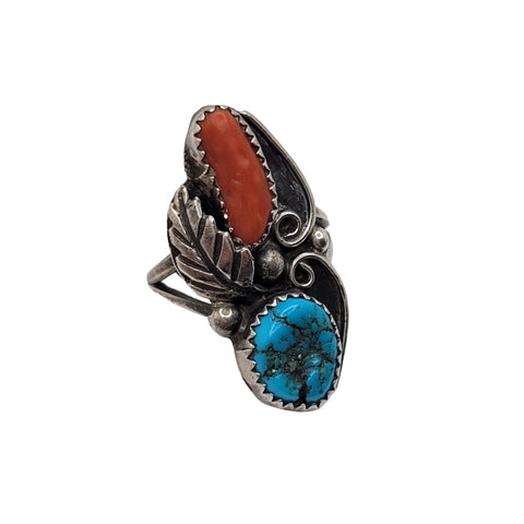 Rose Anne Begay Navajo Sterling Silver Turquoise Coral Feather Design Ring Size 6.75