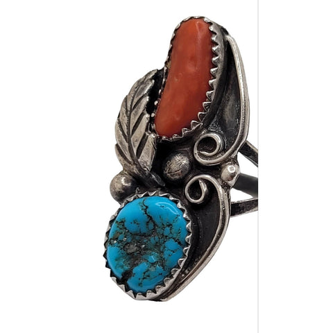 Rose Anne Begay Navajo Sterling Silver Turquoise Coral Feather Design Ring Size 6.75