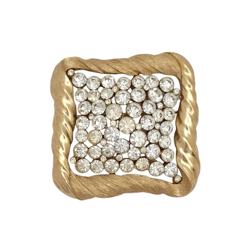 Crown Trifari Mid Century Modern Gold Tone Clear Rhinestone Square Brooch