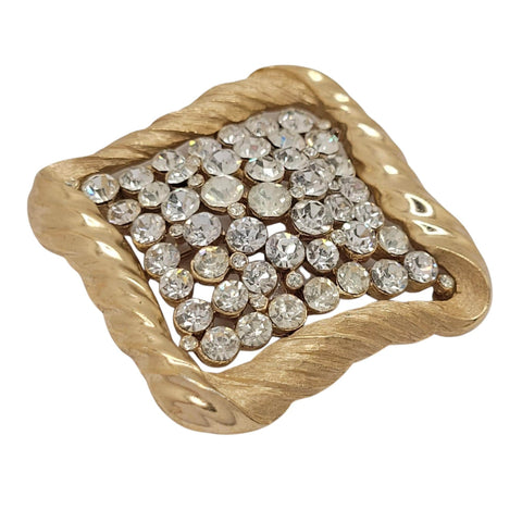 Crown Trifari Mid Century Modern Gold Tone Clear Rhinestone Square Brooch