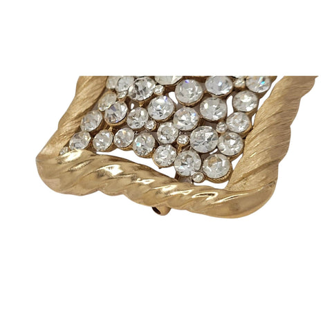 Crown Trifari Mid Century Modern Gold Tone Clear Rhinestone Square Brooch