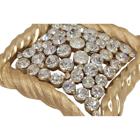 Crown Trifari Mid Century Modern Gold Tone Clear Rhinestone Square Brooch