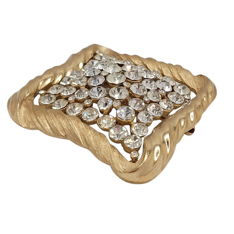 Crown Trifari Mid Century Modern Gold Tone Clear Rhinestone Square Brooch
