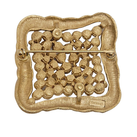 Crown Trifari Mid Century Modern Gold Tone Clear Rhinestone Square Brooch