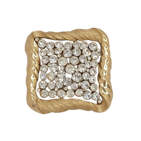Crown Trifari Mid Century Modern Gold Tone Clear Rhinestone Square Brooch