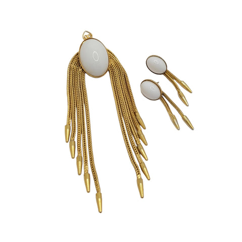 Hobe Gold Tone Chain Milk Glass Brooch And Earrings Mid Century Modern Jewelry
